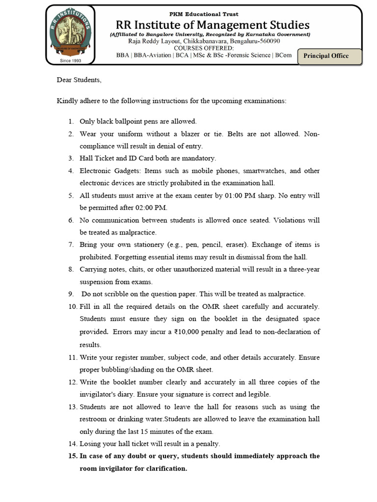 Examination Instructions for Students | PDF