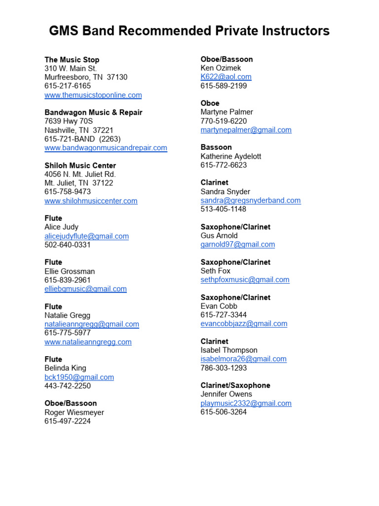 GMS Band Private Music Instructors | PDF | European Musical Instruments ...