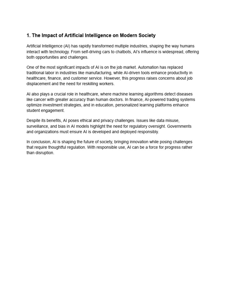 The Impact of Artificial Intelligence On Modern Society | PDF