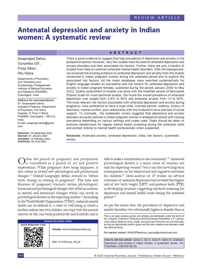 Antenatal Depression in Indian Women | PDF | Major Depressive Disorder ...