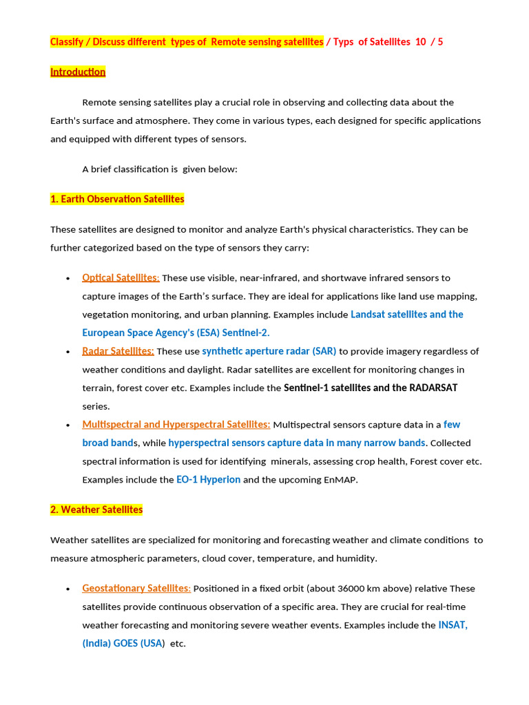 Types of Remote Sensing Satellites | PDF | Satellite | Weather Satellite