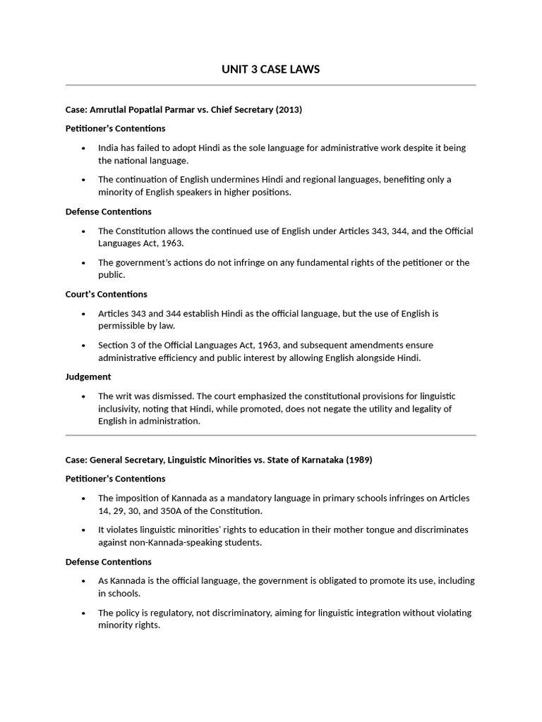 Key Indian Case Laws on Language Rights | PDF | Minority Group | Government