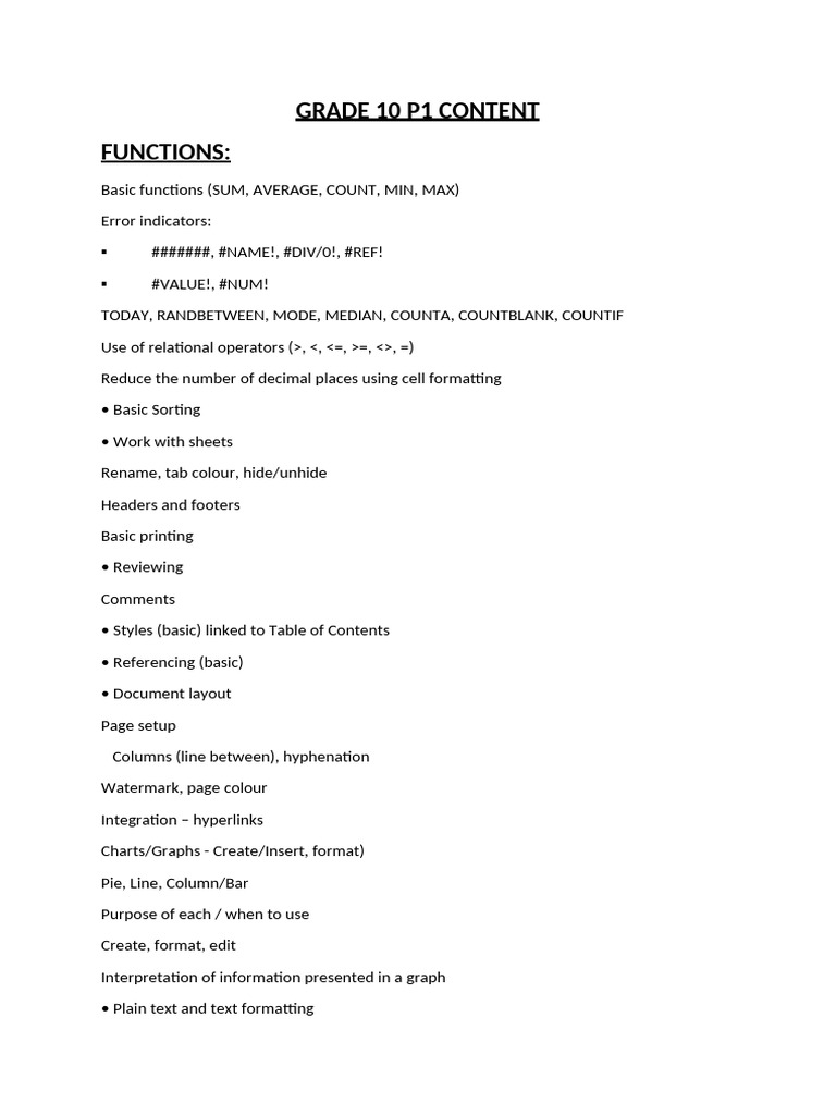 Grade 10 Functions and Formatting Guide | PDF
