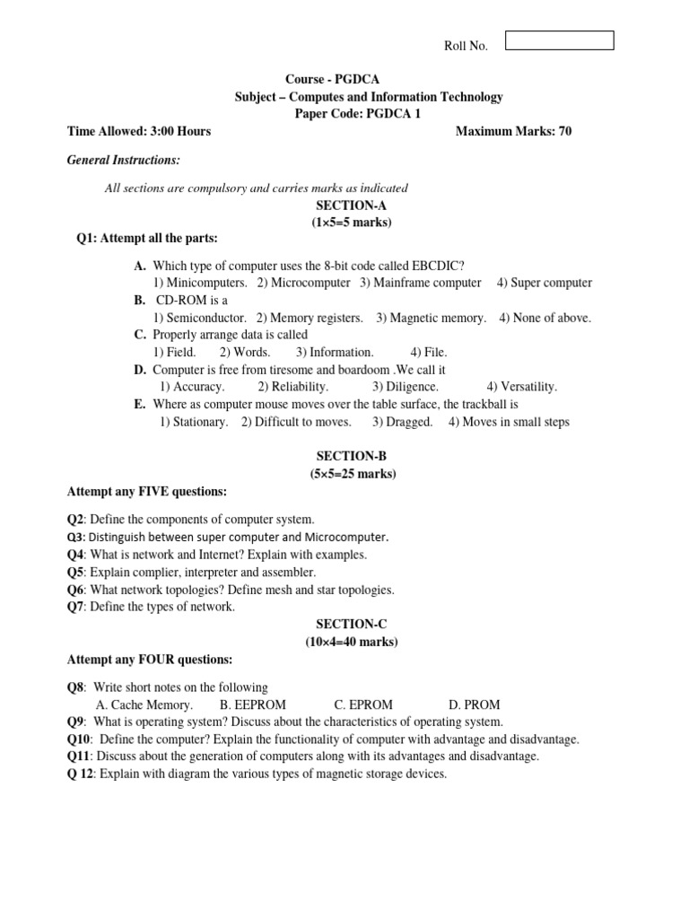 PGDCA Computer Science Exam Paper | PDF