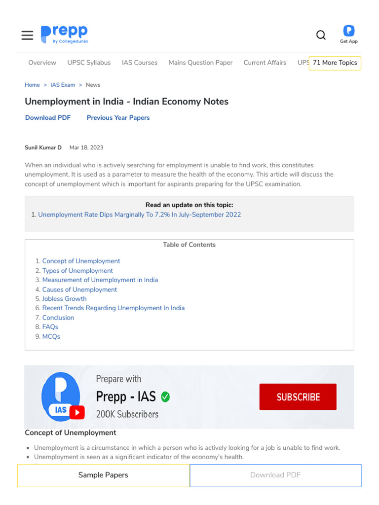 Unemployment Types and Measurement in India | PDF | Unemployment ...
