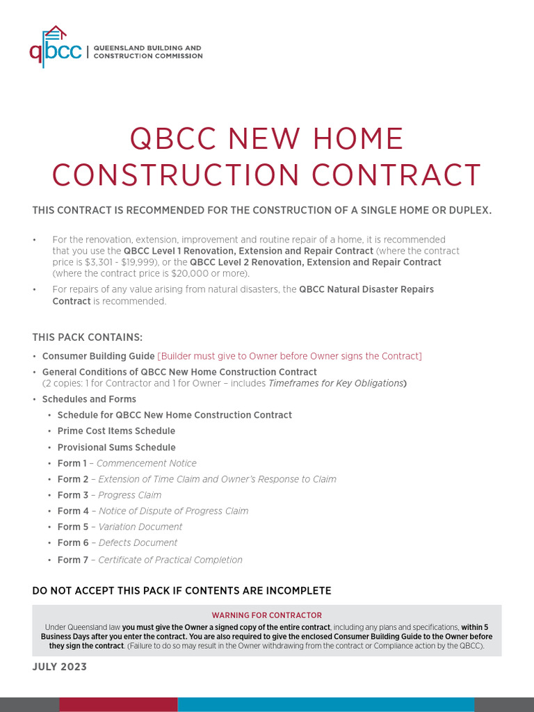 QBCC New Home Construction Contract Guide | PDF | Breach Of Contract ...