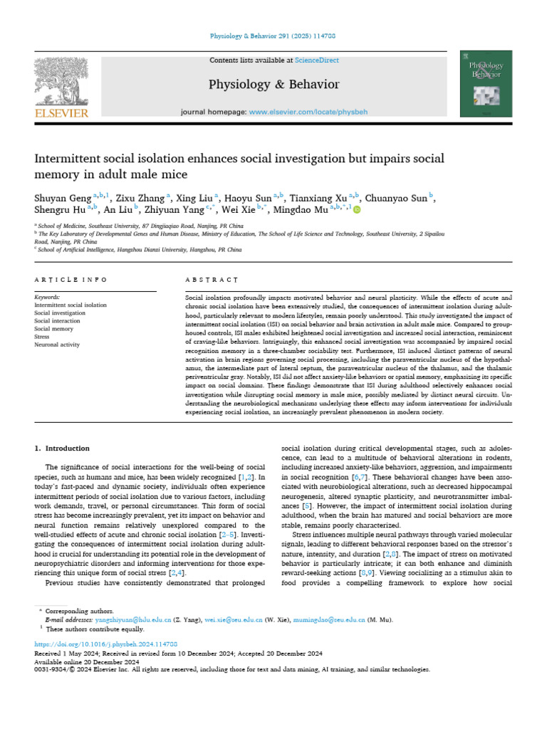 Impact of Intermittent Social Isolation on Mice | PDF | Thalamus | Memory