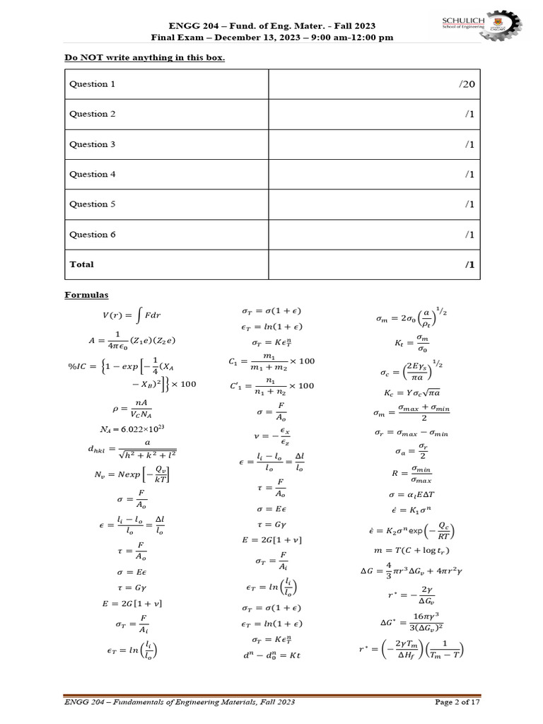 ENGG 204 Formula Sheet for Final Exam | PDF | Chemistry | Physical ...