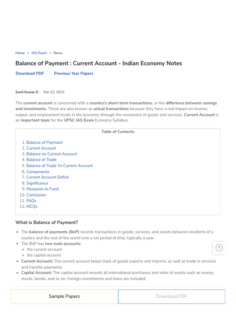 Current Account Explained for IAS Exam | PDF | Balance Of Payments ...