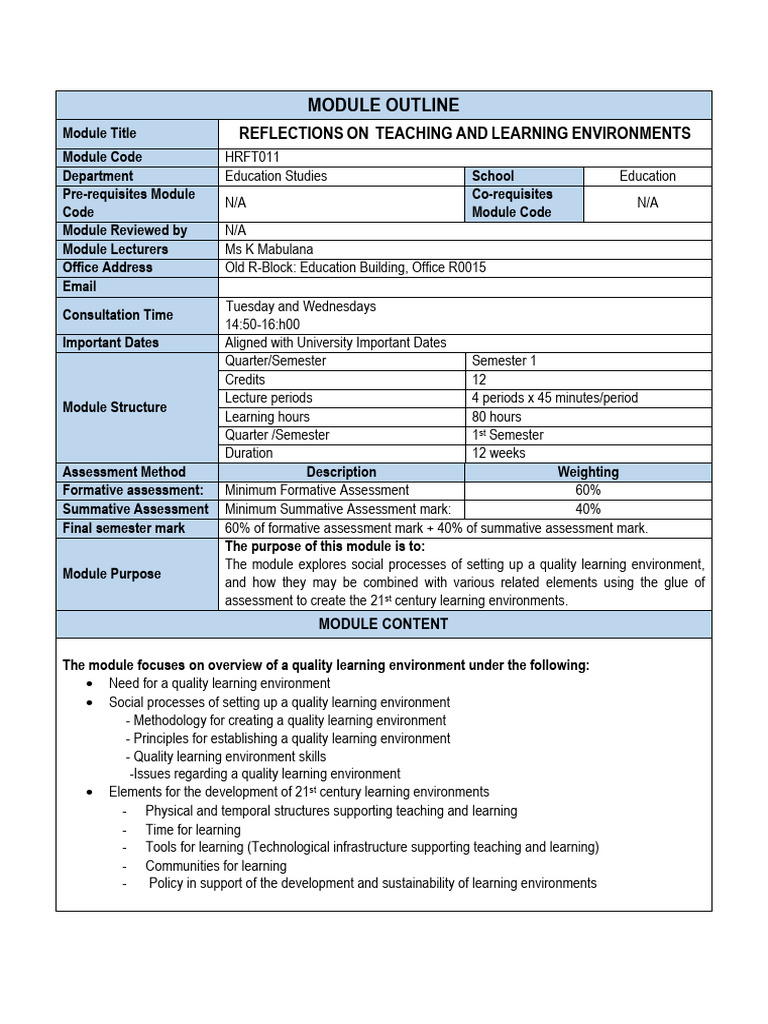 Module Outline Hrft011(1) | PDF | Educational Assessment | Learning