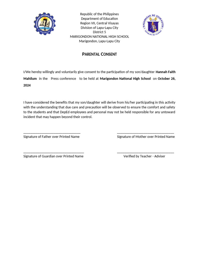 Parental Consent for Press Conference | PDF