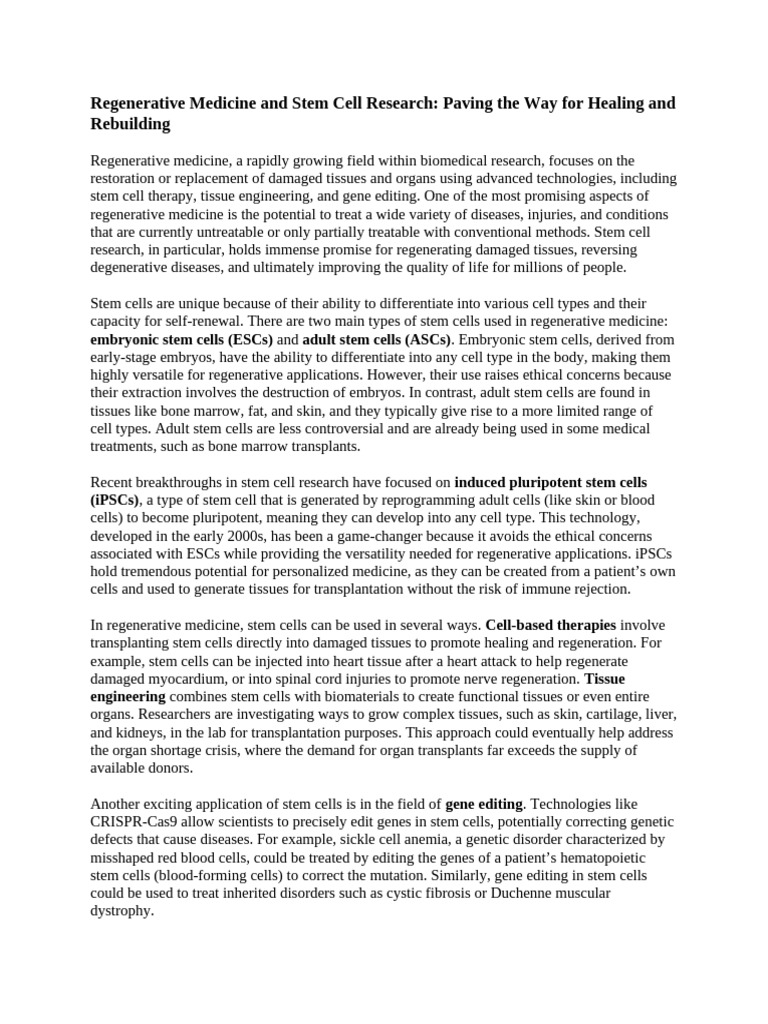 Regenerative Medicine and Stem Cell Researc3 | PDF | Stem Cell ...