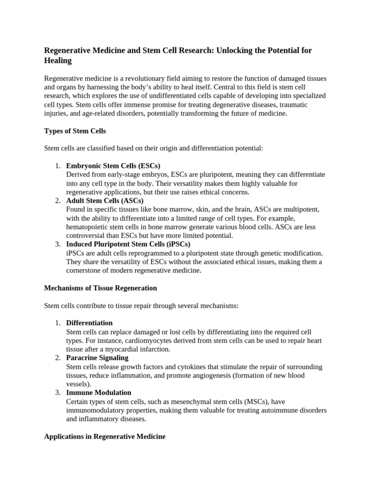 Stem Cell Research in Regenerative Medicine | PDF | Stem Cell | Cell ...
