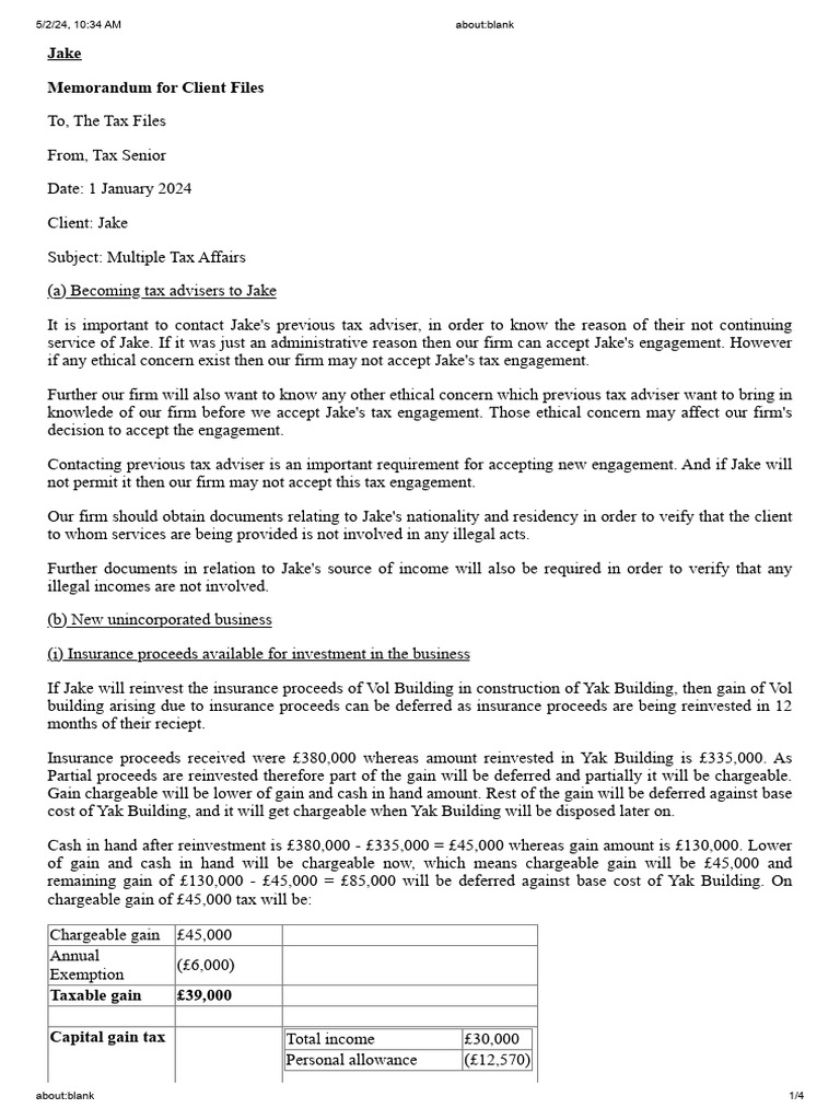 Tax Advisory Memo for Client Jake | PDF | Capital Gains Tax | Expense