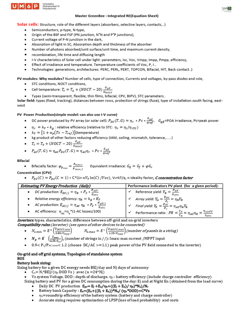 Equation sheet | PDF | Solar Cell | Photovoltaics