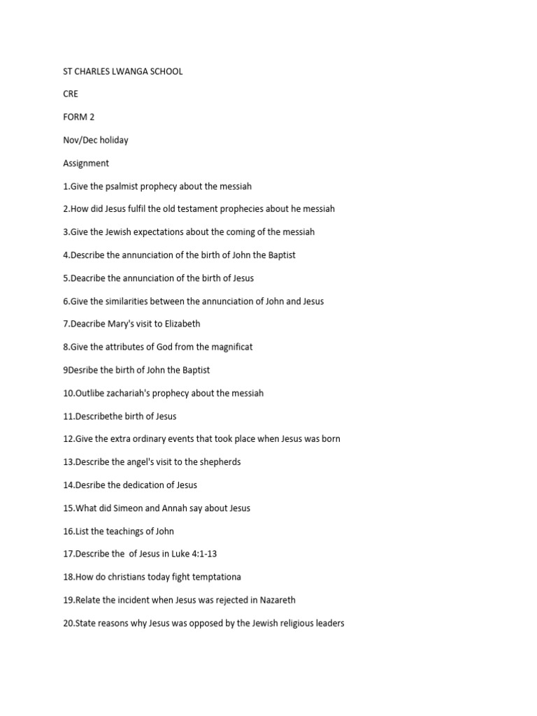 St. Charles Lwanga School Form 2 CRE Assignment | PDF