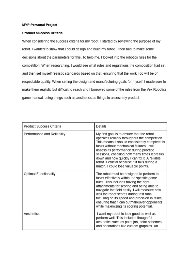 Robot Design Success Criteria Guide | PDF | Robot | Robotics