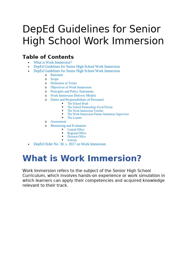 DepEd Senior High School Work Immersion Guidelines | PDF | Curriculum ...