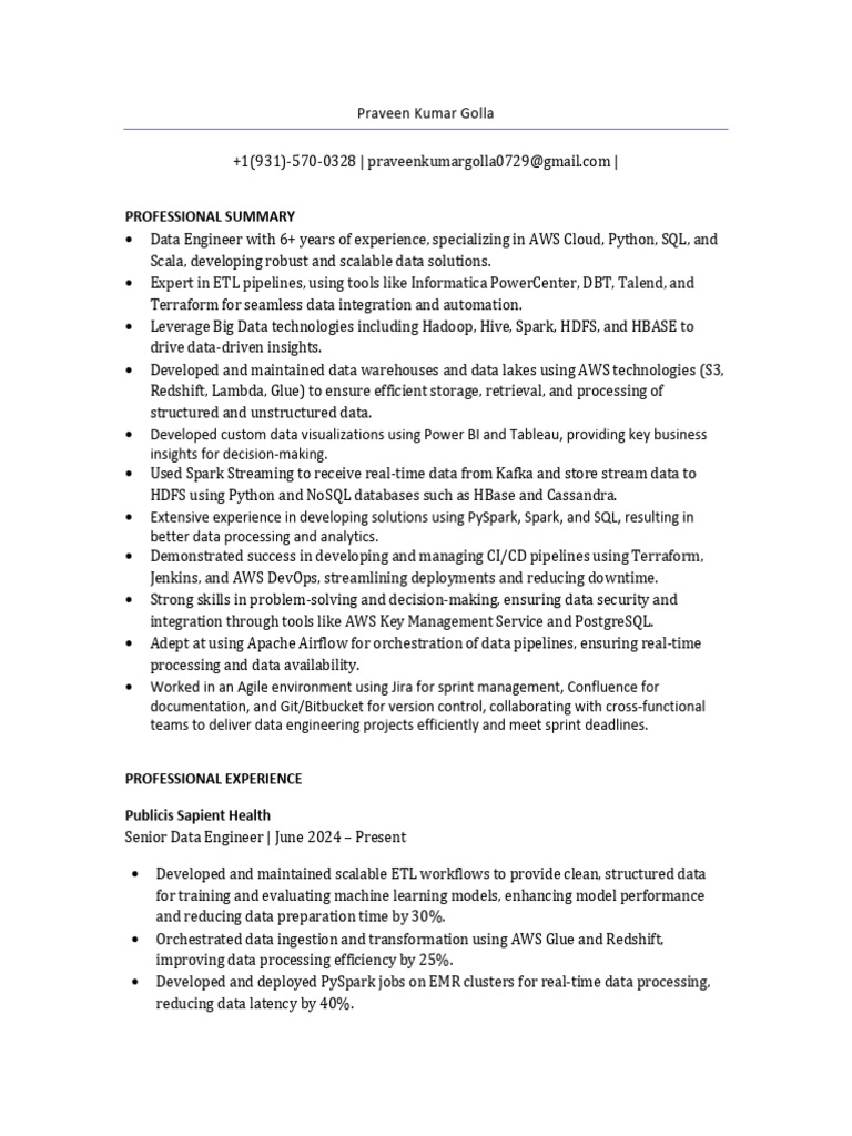 Data Engineer Resume: AWS, Python, ETL | PDF | Apache Spark ...