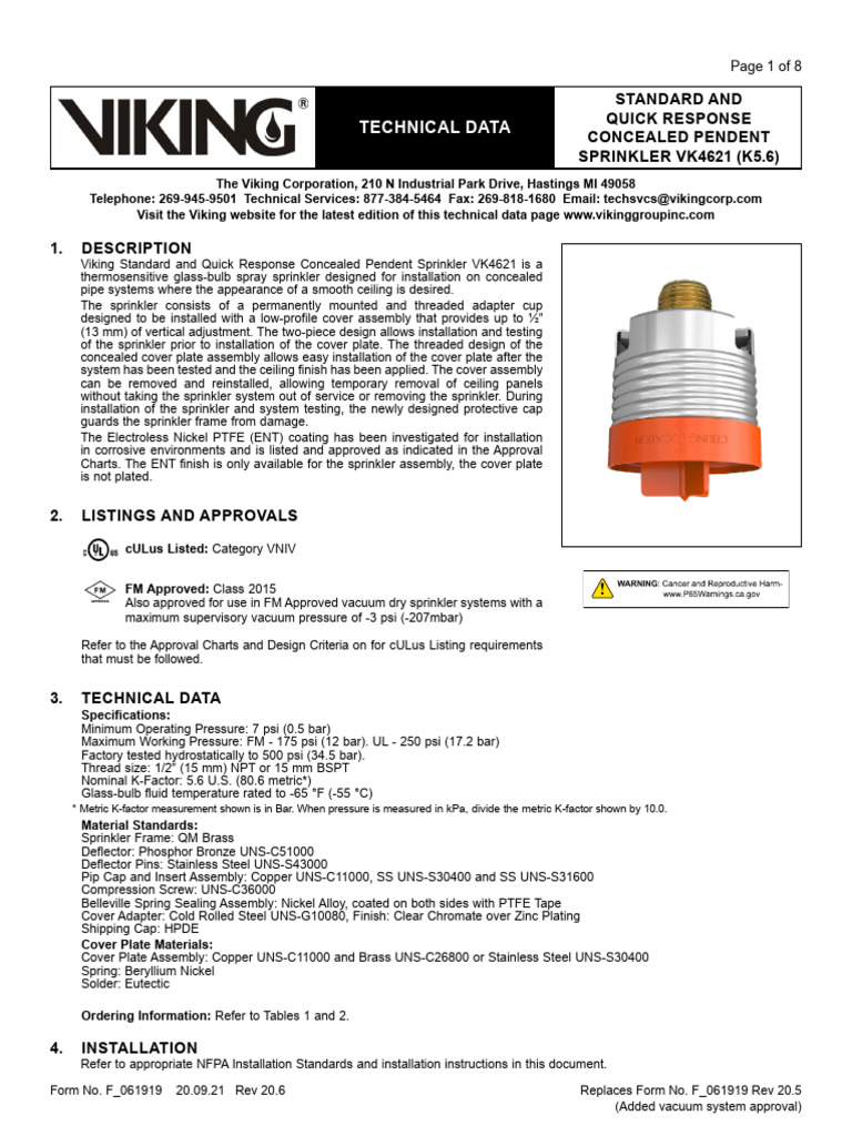 VK4621 Concealed Pendent Sprinkler Data | PDF | Materials | Metals