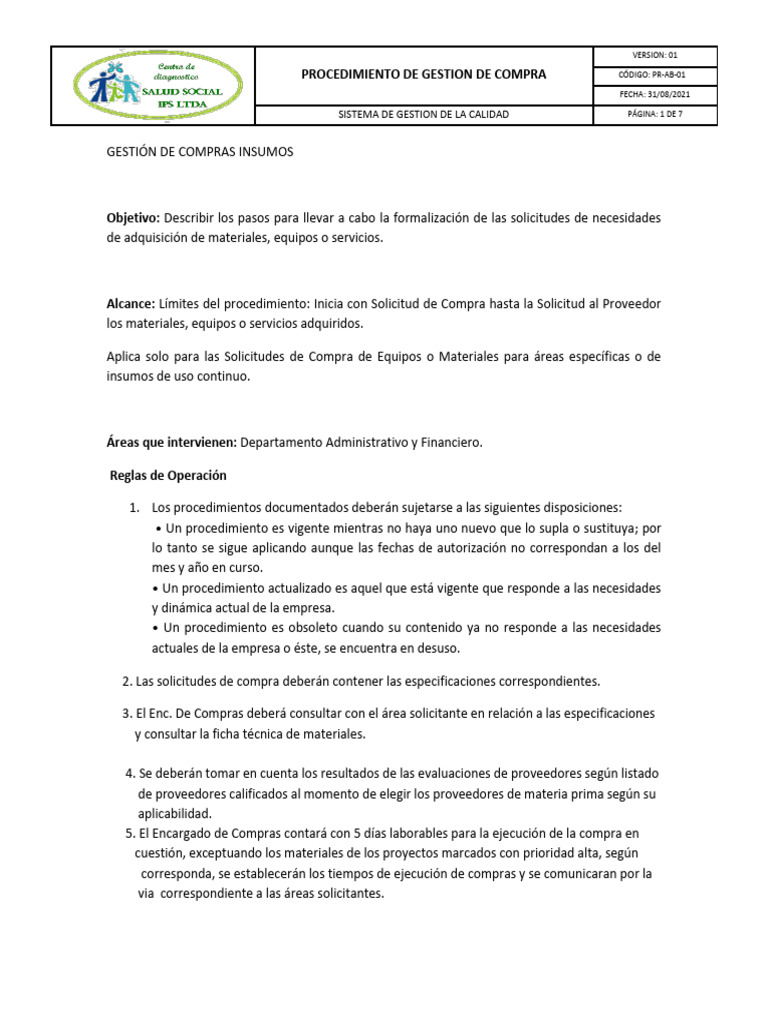 Procedimiento de Gestión de Compras | PDF | Calidad (comercial ...