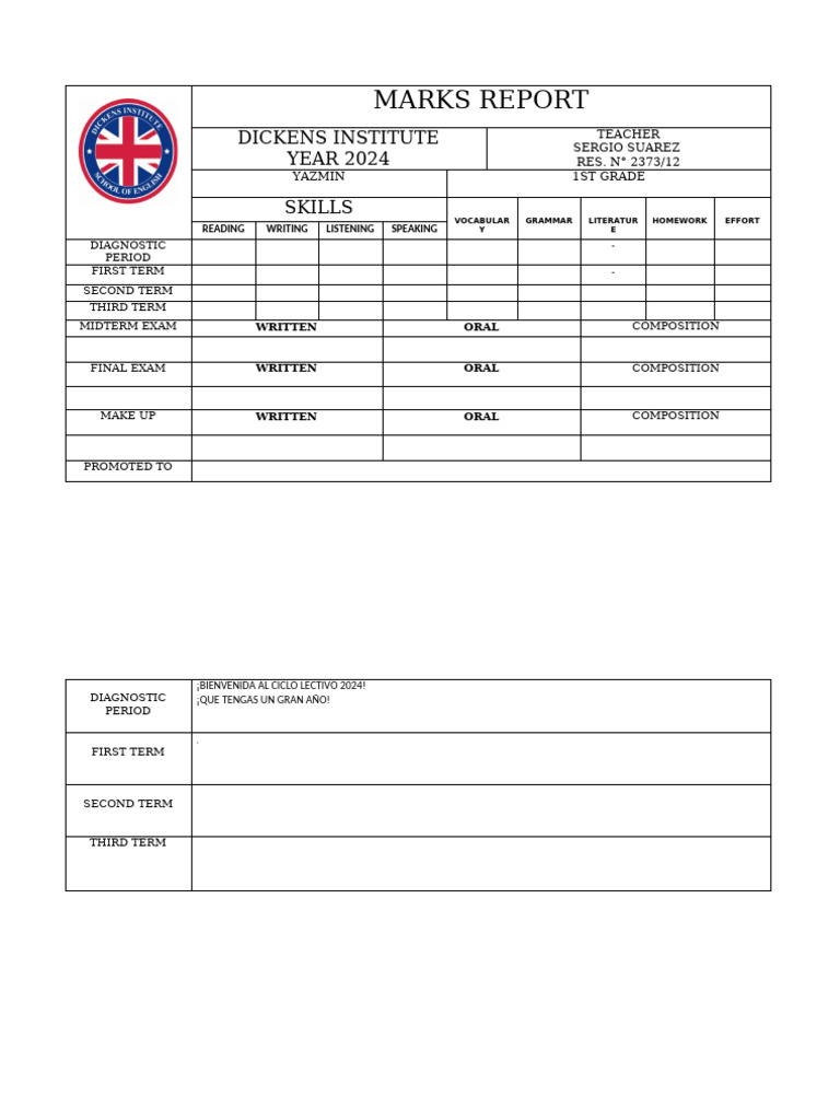 2024 Marks Report for 1st Grade | PDF