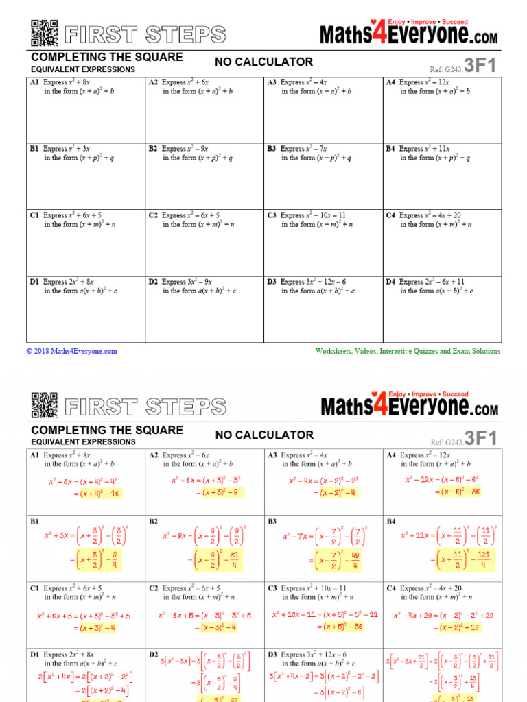 Completing The Square Equivalents | PDF