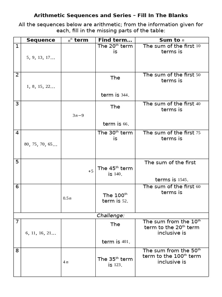 Arithmetic Sequences and Series Fill in The Blanks | PDF | Mathematics ...