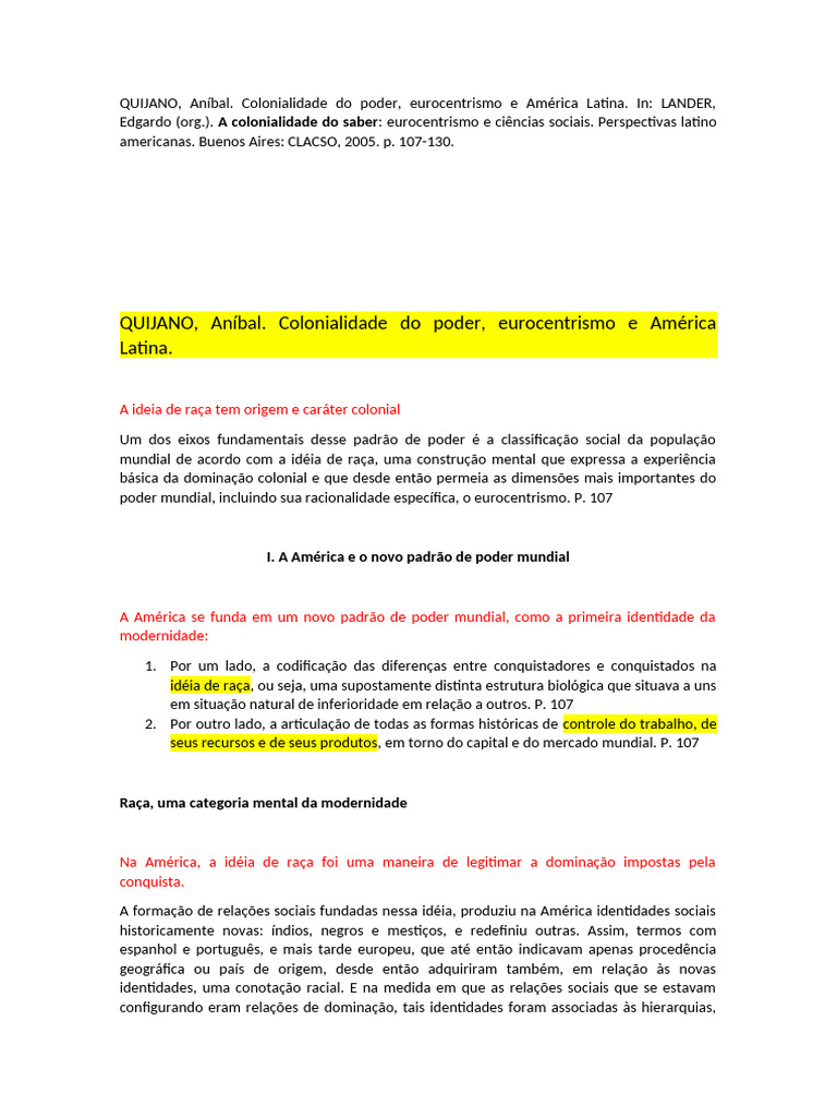 Colonialidade do Poder e Eurocentrismo | PDF | Raça (categorização ...