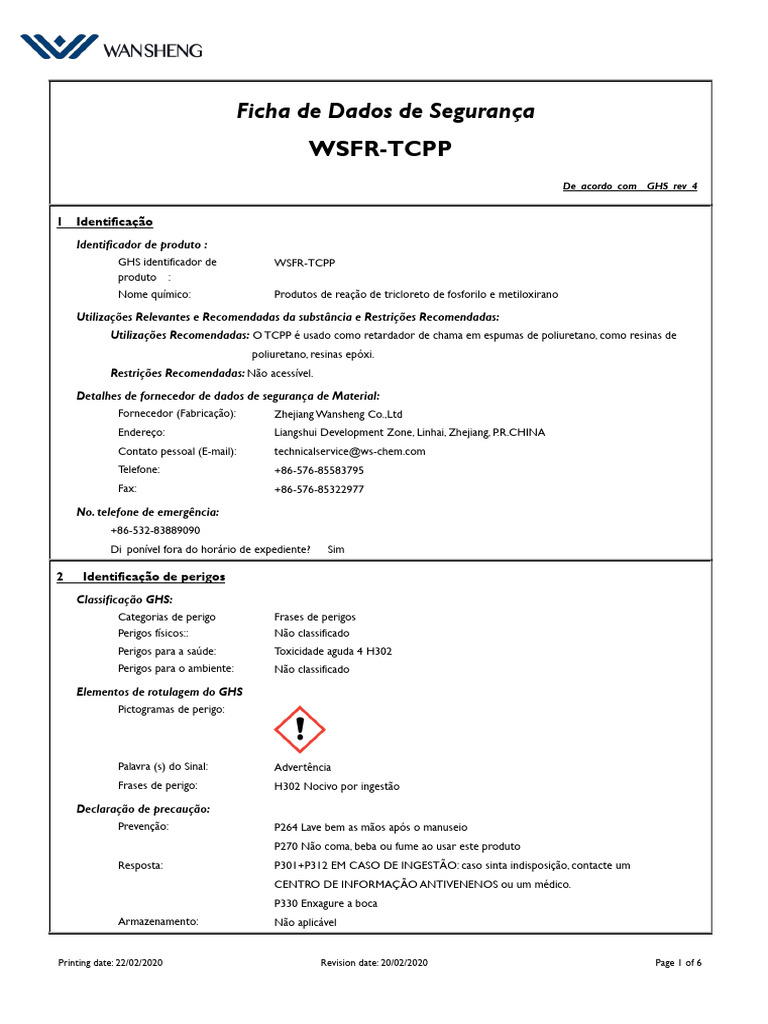 Ficha de Segurança WSFR-TCPP GHS | PDF | Química | Materiais