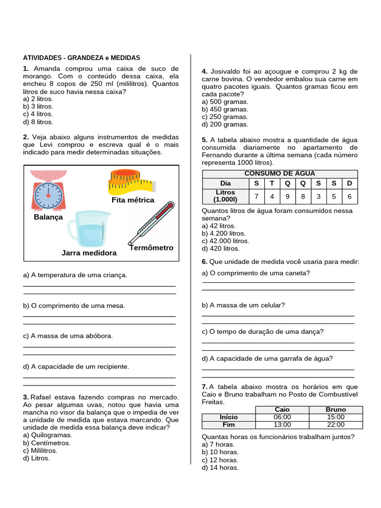 Atividades sobre Grandezas e Medidas | PDF | Litro | Quilograma
