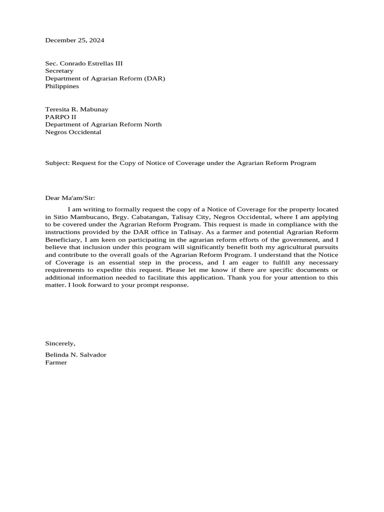 Request for Agrarian Reform Coverage Notice | PDF