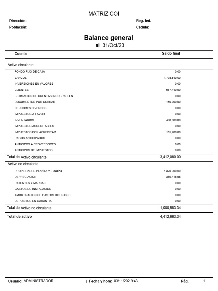 Balance General al 31/Oct/23 | PDF | Contabilidad | Hoja de balance