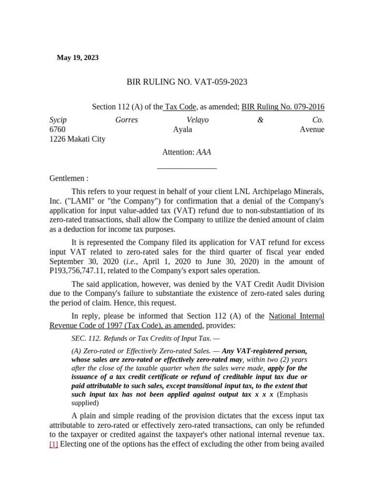 BIR Ruling VAT-059-2023 Summary | PDF | Taxes | Value Added Tax