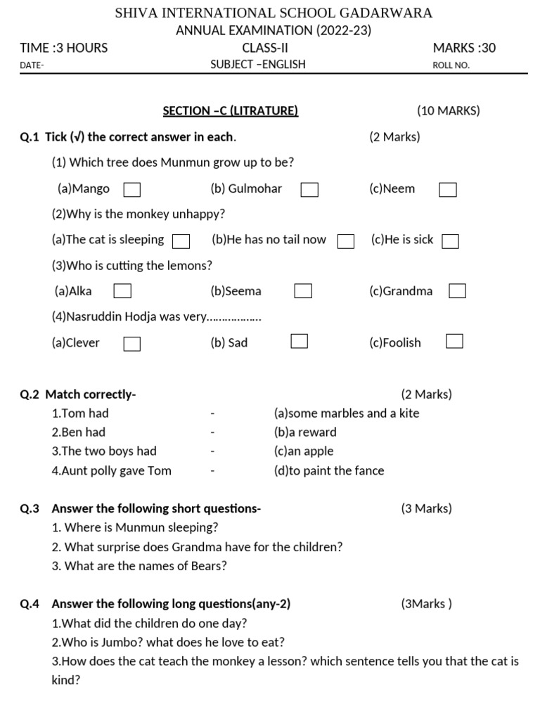 Class II English Exam Paper 2022-23 | PDF