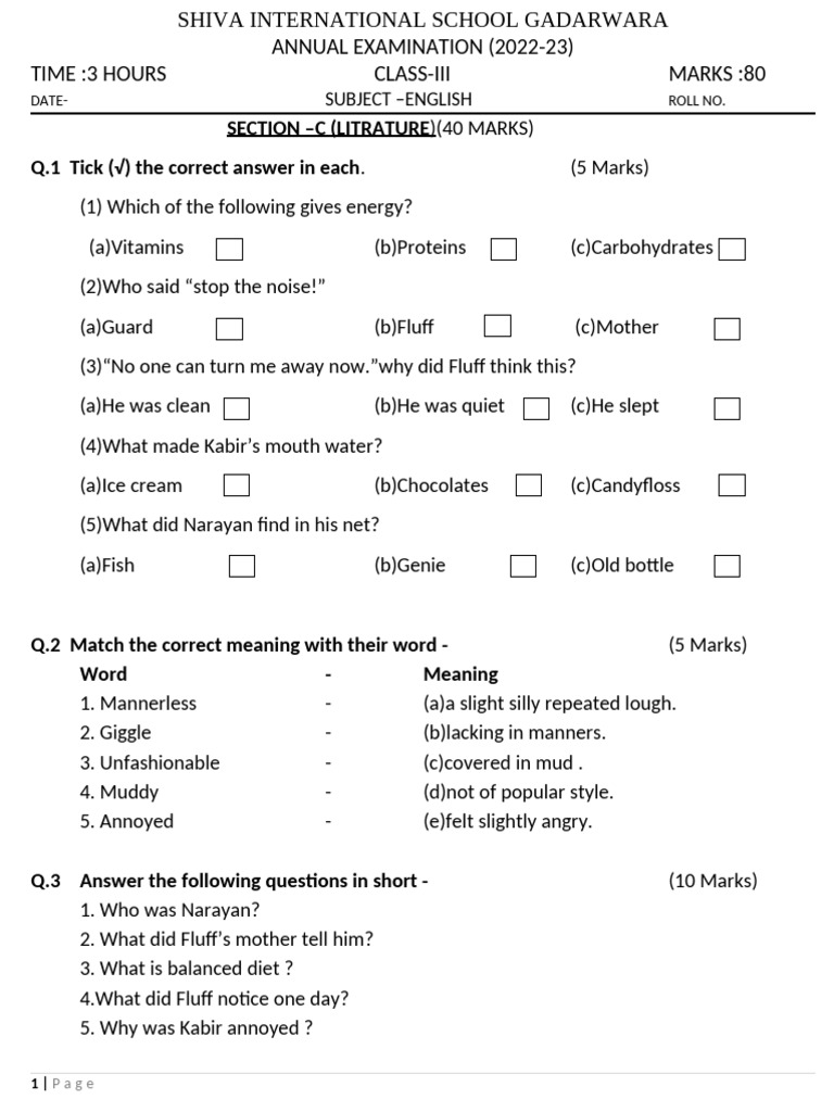 Class 3 English Exam Paper 2022-23 | PDF