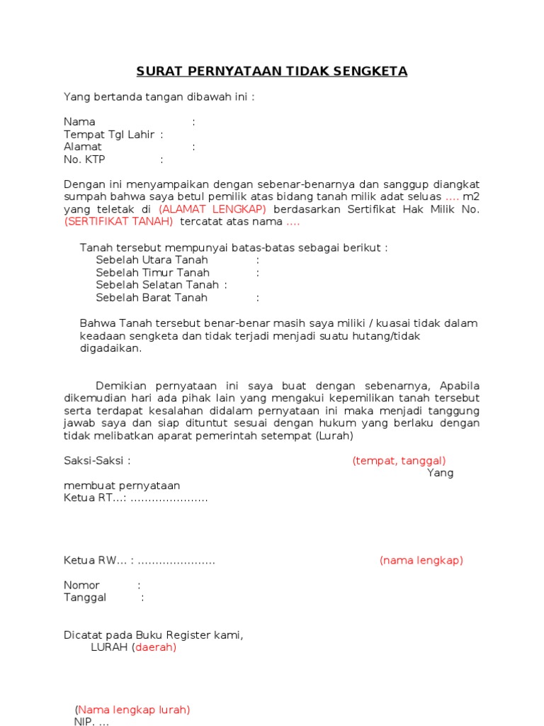 Surat Pernyataan Tidak Sengketa