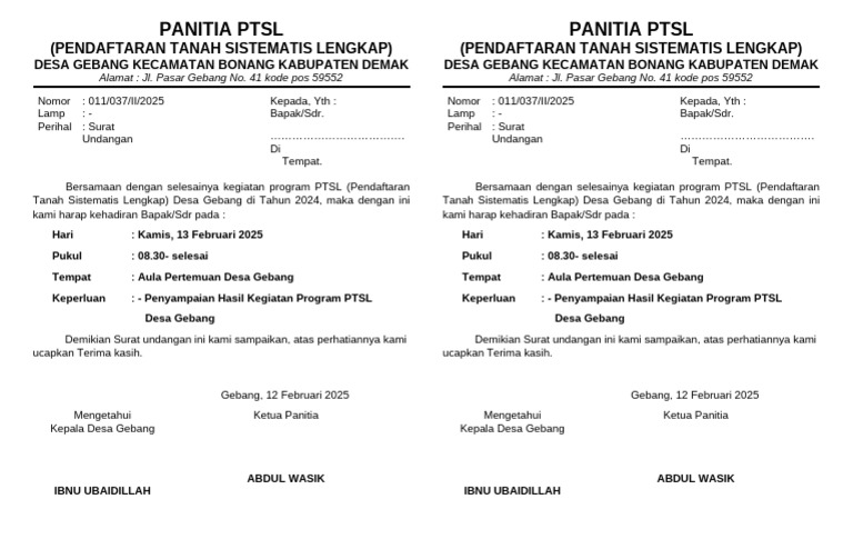 Undangan Penyampaian Hasil PTSL Desa Gebang | PDF