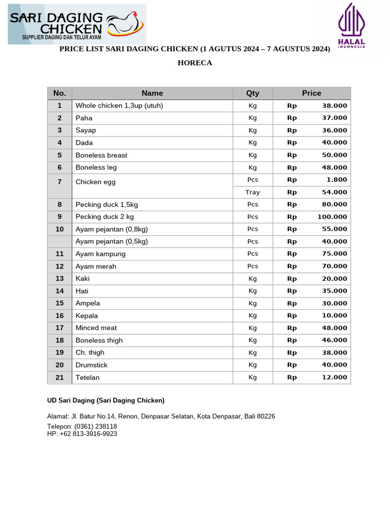 Price List for Sari Daging Chicken | PDF | Poultry | Domesticated Birds