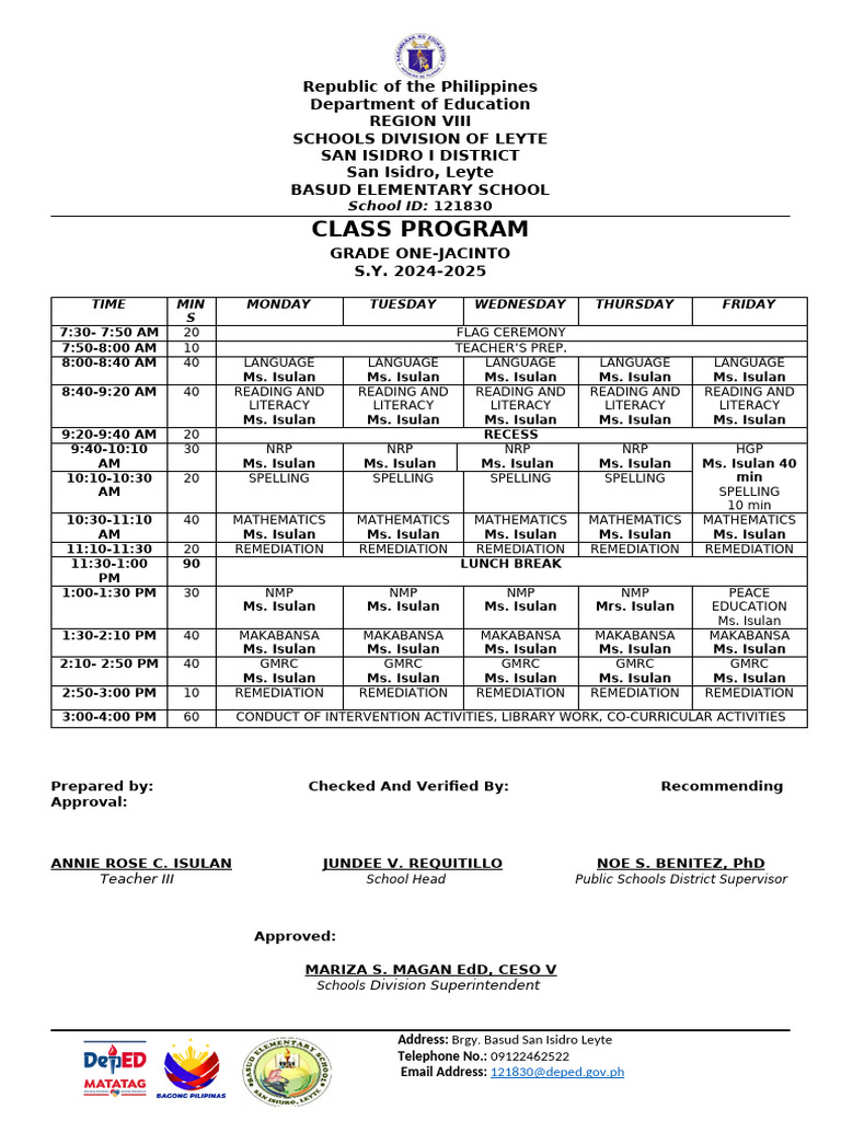 Grade 1 Class Program 2024-2025 | PDF