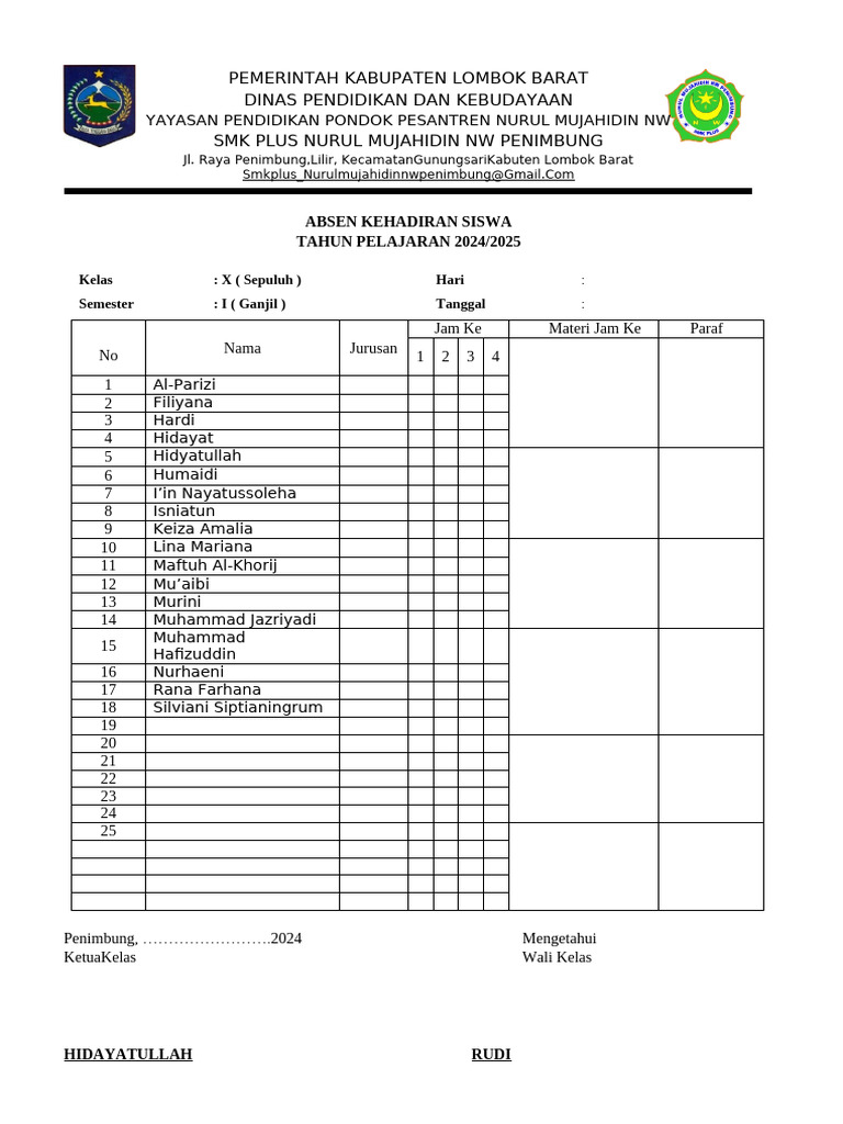 Absen Kehadiran Siswa SMK Nurul Mujahidin | PDF