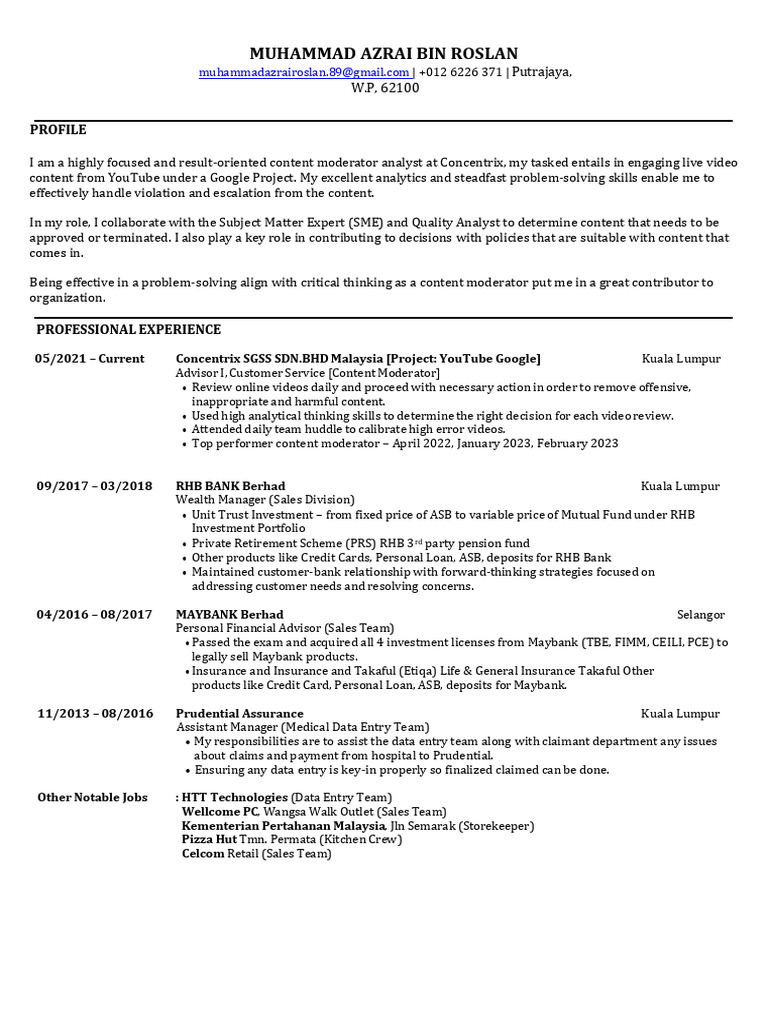 Resume - Muhammad Azrai Bin Roslan | PDF