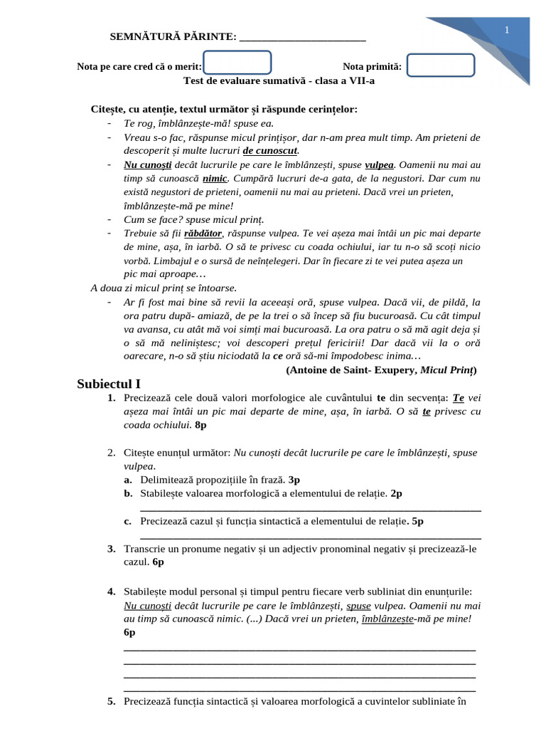 CL 7 Test de Evaluare Sumativa | PDF