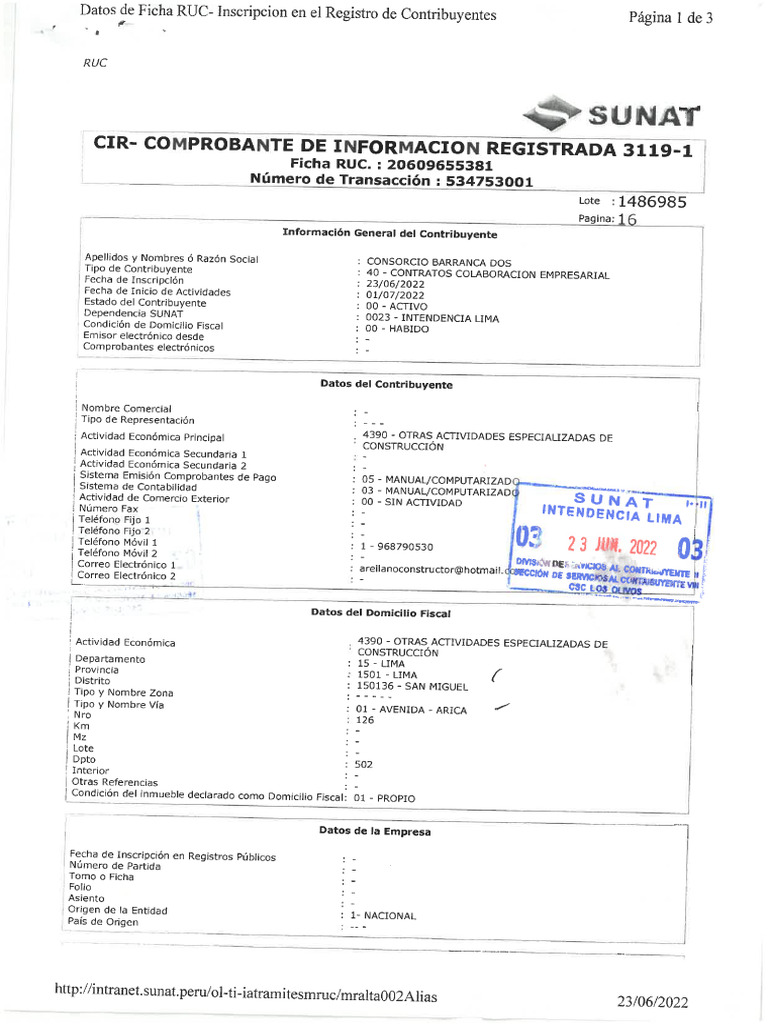 Ficha RUC Consorcio Barranca Dos | PDF
