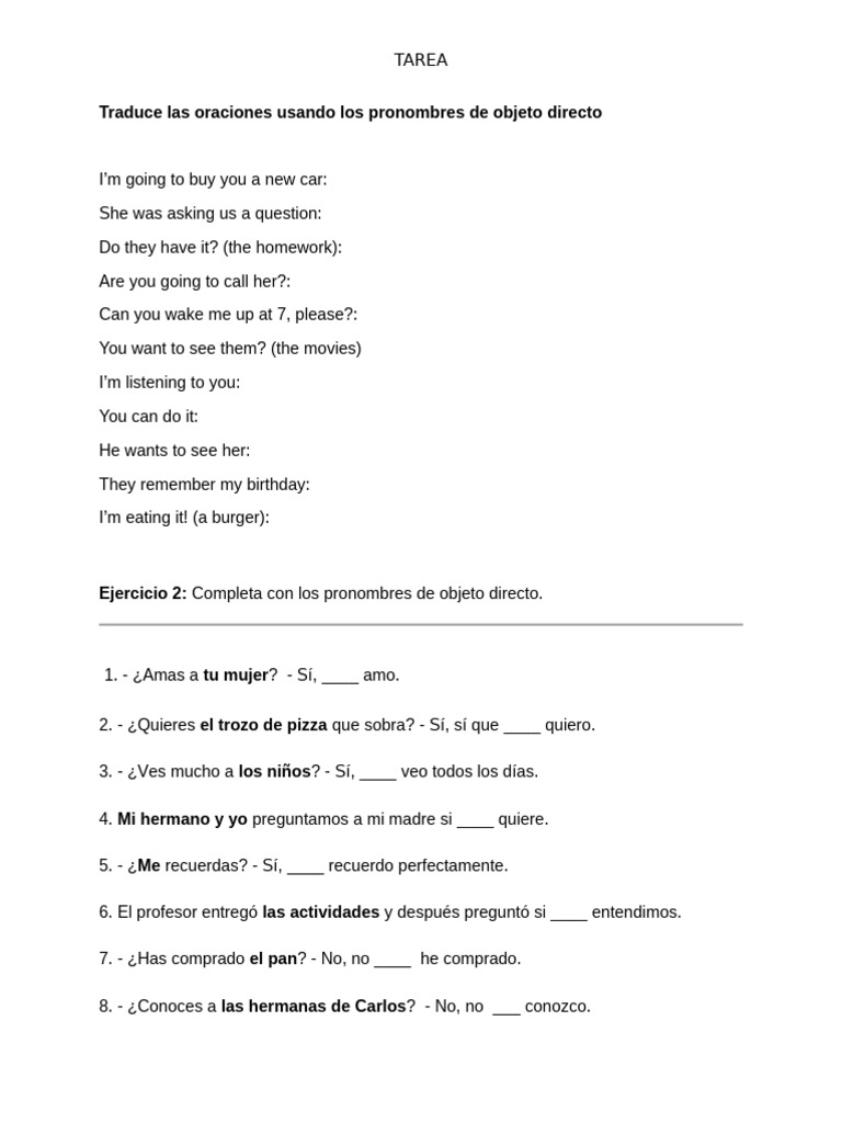 Pronombres de objeto directo en español | PDF