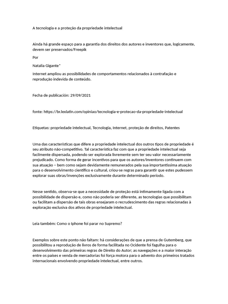 Tecnologia e Proteção da Propriedade Intelectual | PDF | Propriedade ...