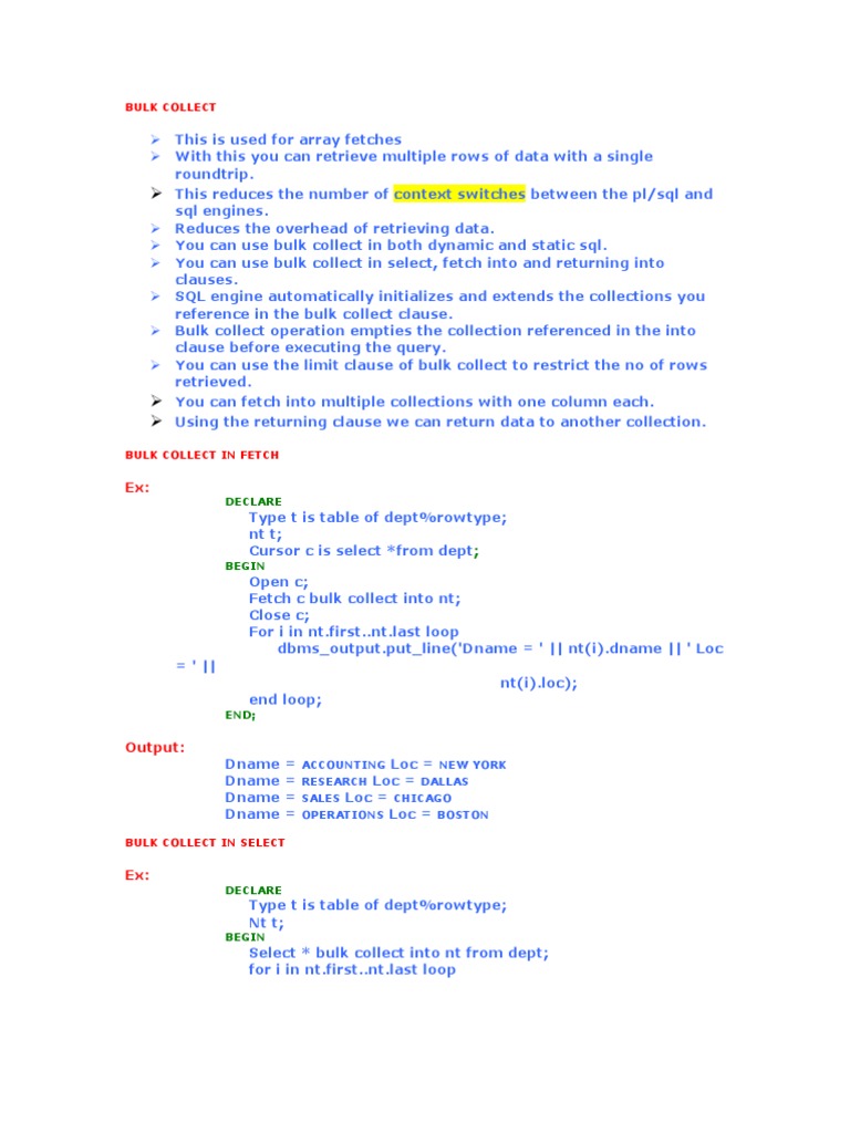 Bulk collect pdf pl sql sql