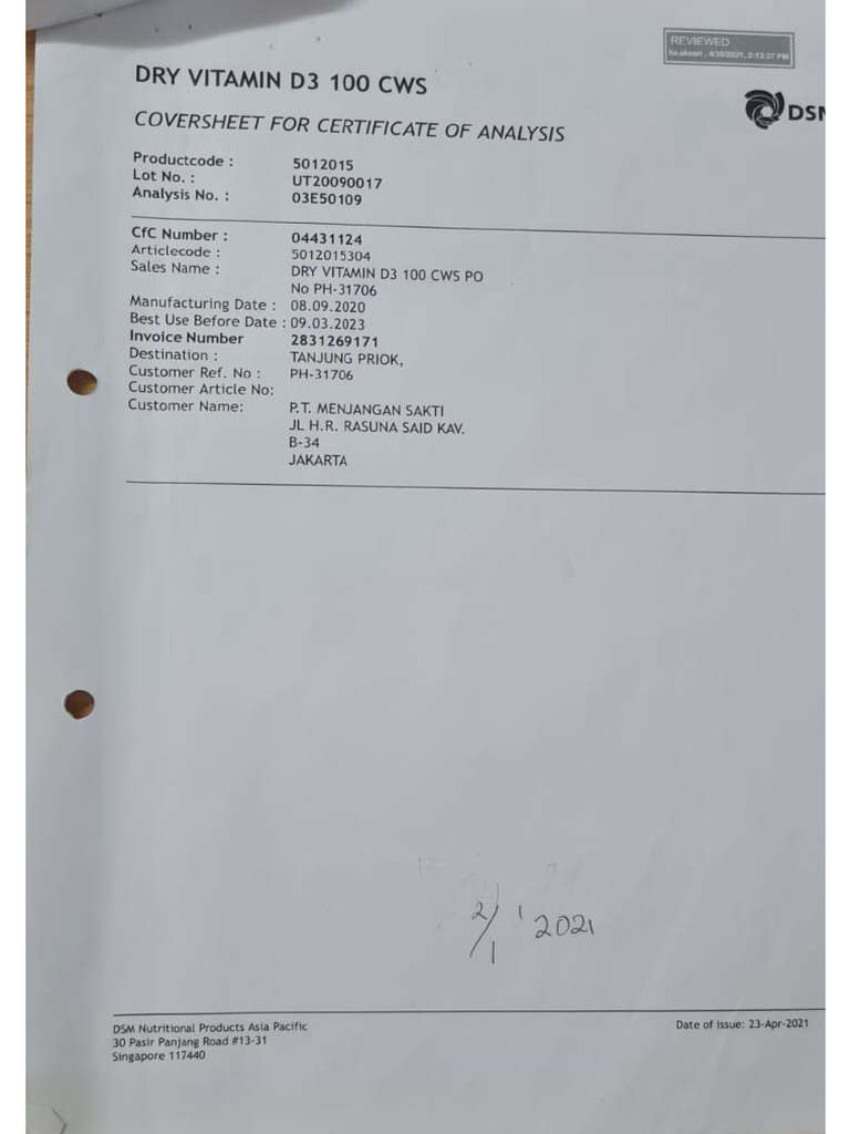 COA Vitamin D3 100 CWS - DSM | PDF