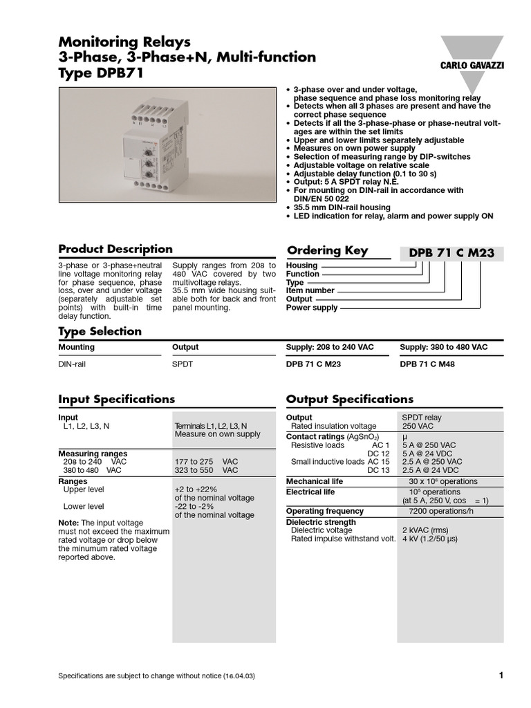DPB71 3-Phase Monitoring Relay Specs | PDF | Alternating Current ...