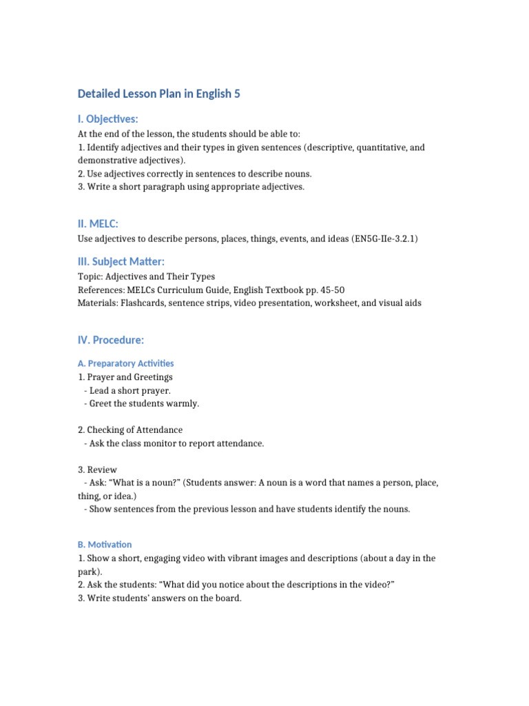 Grade 5 Adjectives Lesson Plan | PDF | Adjective | Noun